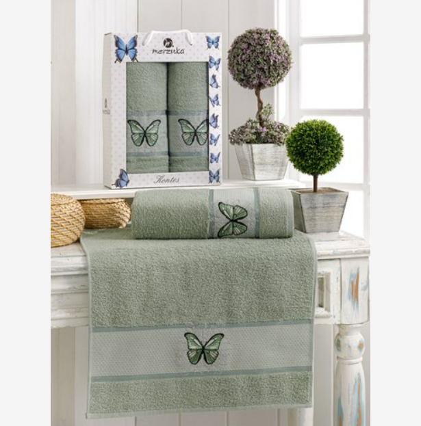 Комплект махровых полотенец Мерзука (50х90 см-1, 70х140 см-1) бабочки зеленый