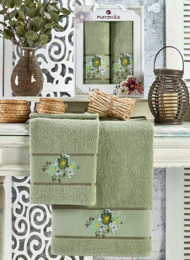 Комплект махровых полотенец Мерзука (50х90 см-1, 70х140 см-1) цветы зелень