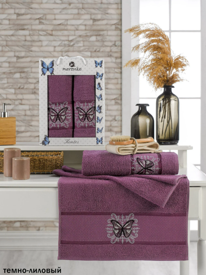 Комплект махровых полотенец Мерзука (50х90 см-1, 70х140 см-1) бабочки темно- лиловый