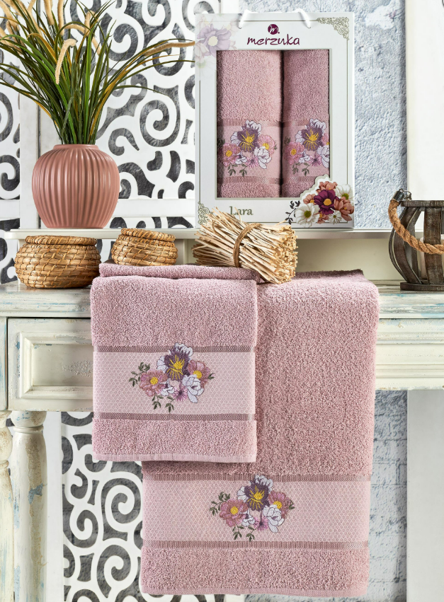 Комплект махровых полотенец Мерзука (50х90 см-1, 70х140 см-1) цветы светло-розовые 