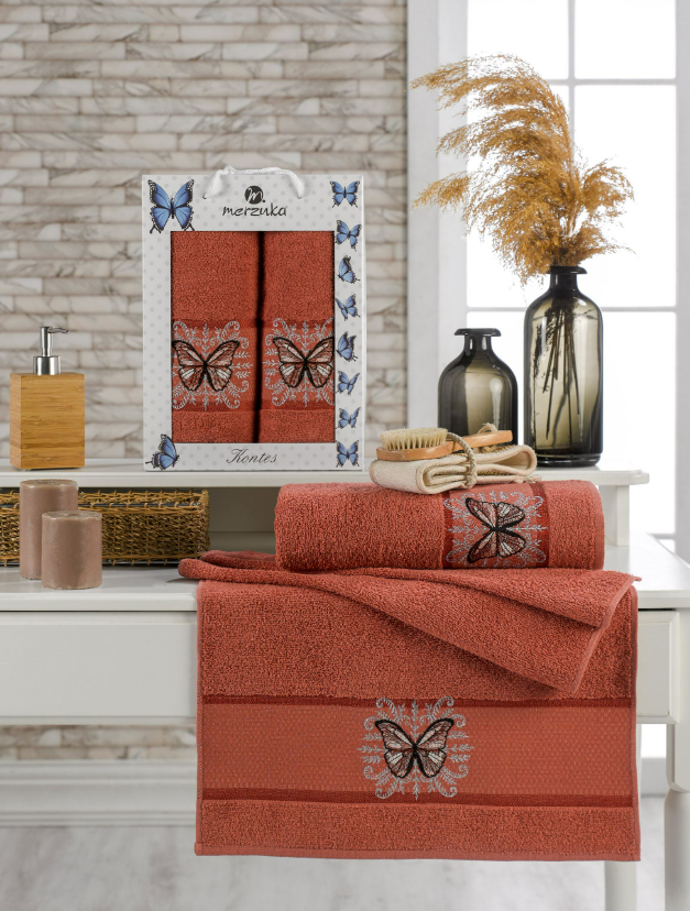 Комплект махровых полотенец Мерзука (50х90 см-1, 70х140 см-1) бабочки терракотовый