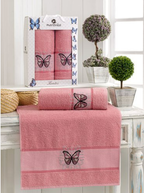 Комплект махровых полотенец Мерзука (50х90 см-1, 70х140 см-1) бабочки брусничный